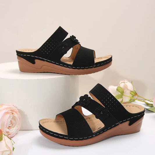 Flower PU Leather Wedge Sandals