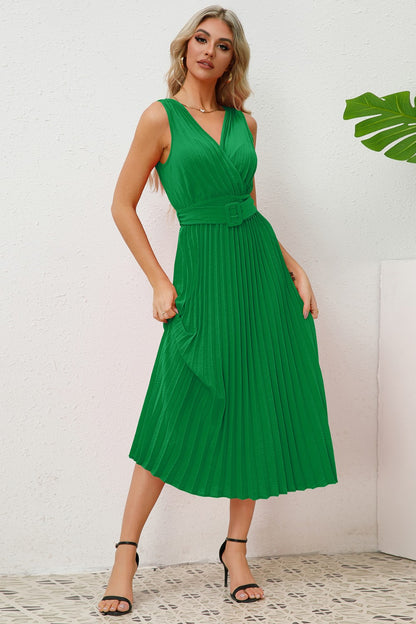 Surplice Sleeveless Midi Pleated Dress