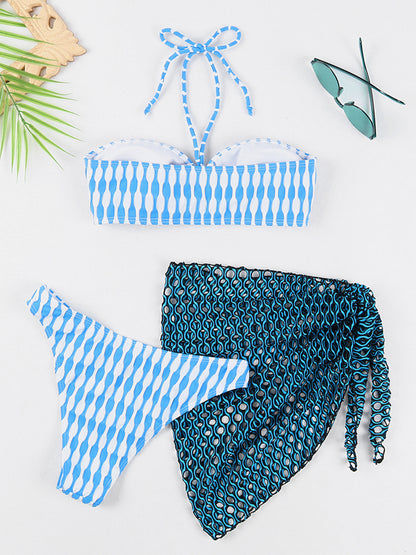 Geometric Halter Neck Three-Piece Swim Set