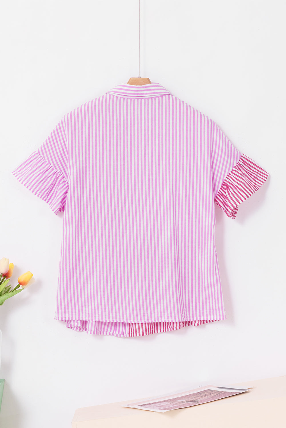 Striped Button Up Flounce Sleeve Shirt