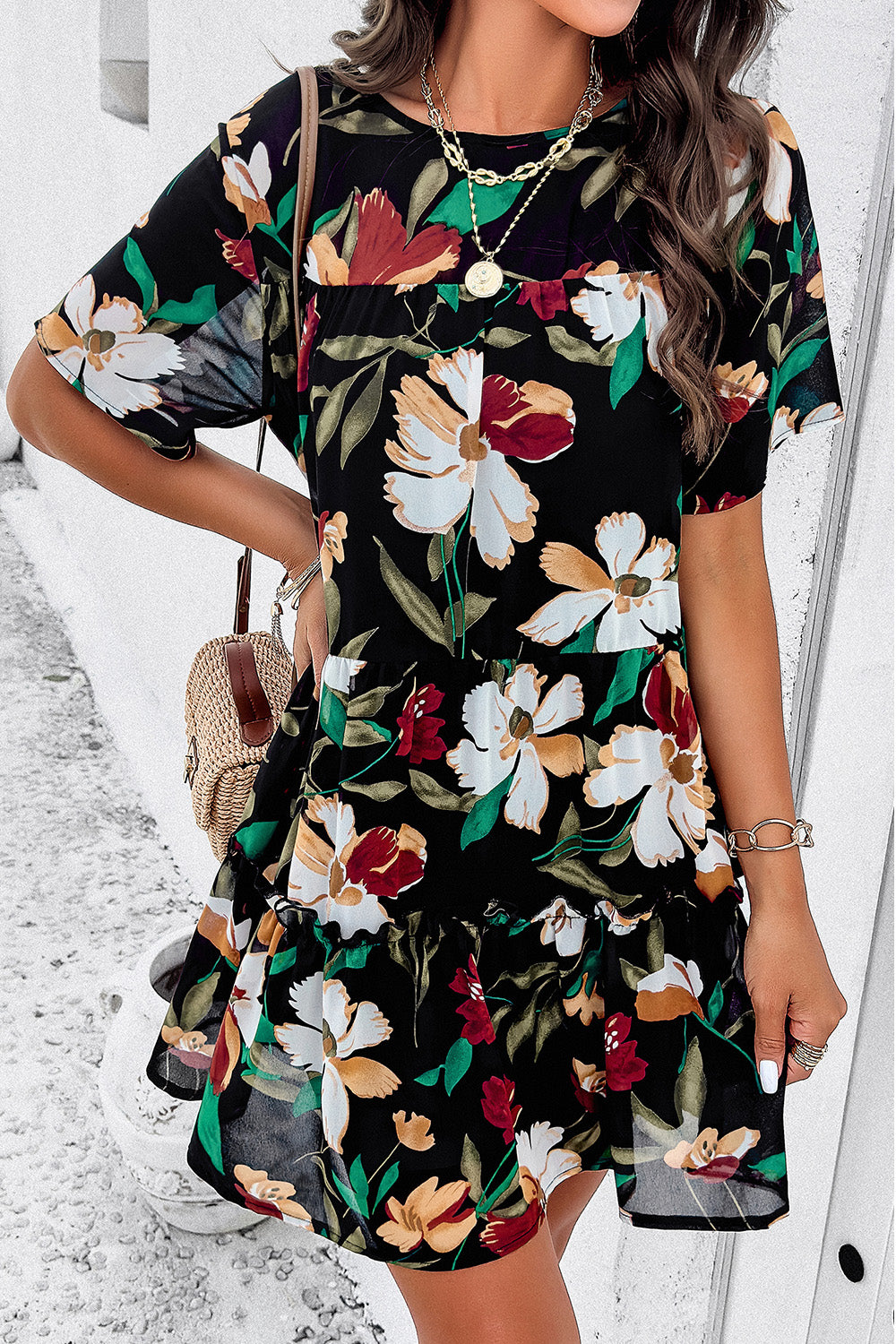 Printed Tiered Round Neck Mini Dress