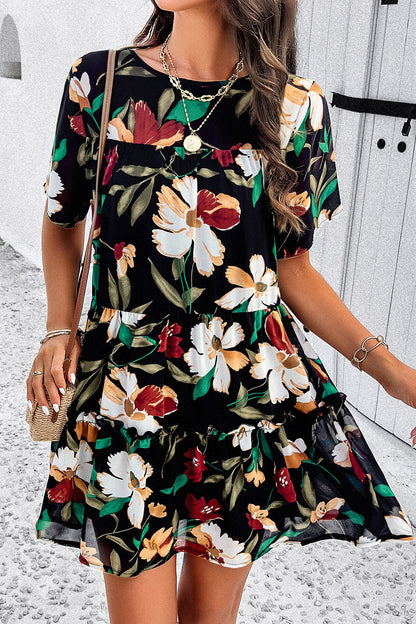 Printed Tiered Round Neck Mini Dress