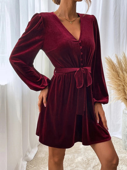 V-Neck Tie Waist Mini Dress