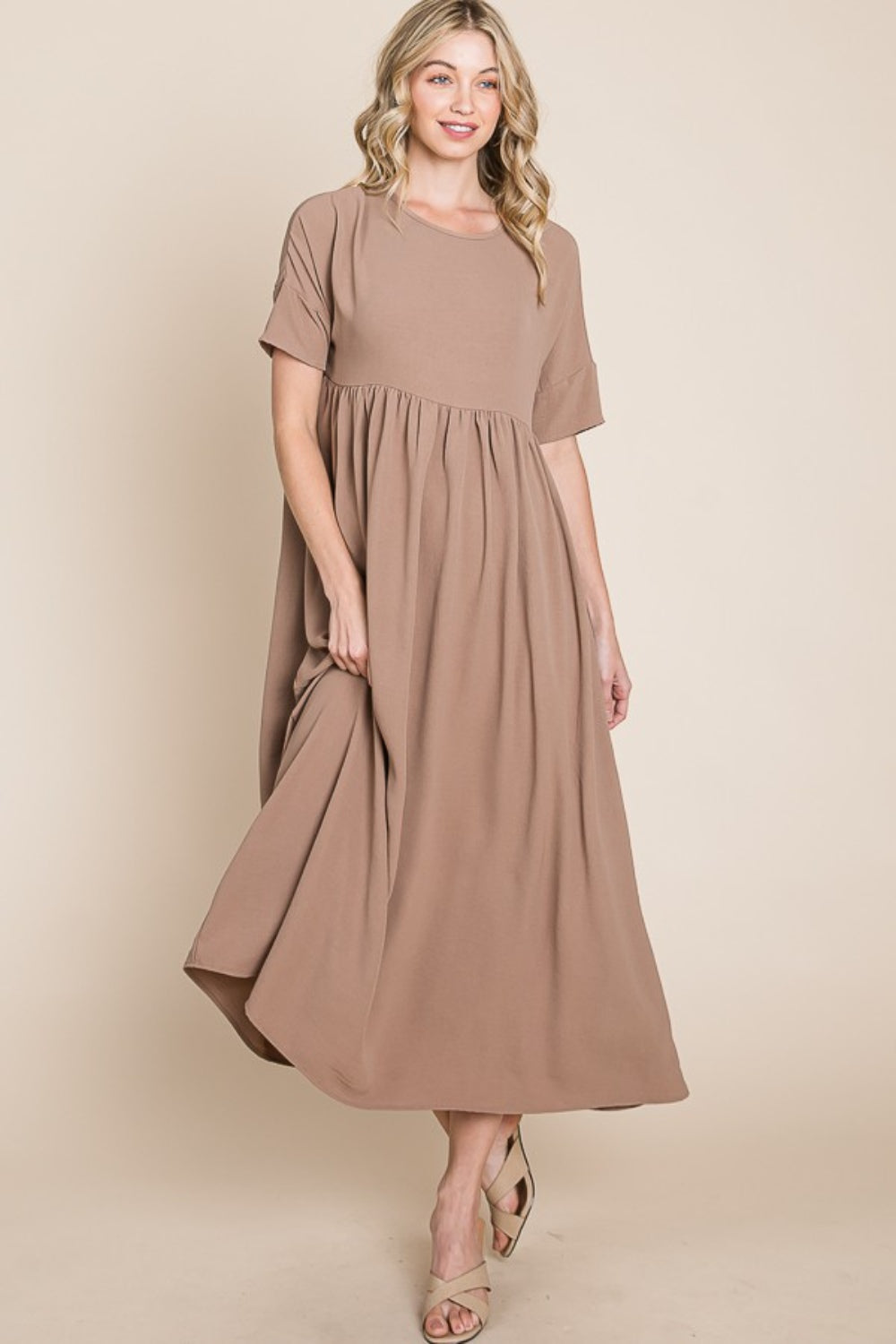 BOMBOM Round Neck Ruched Midi Dress