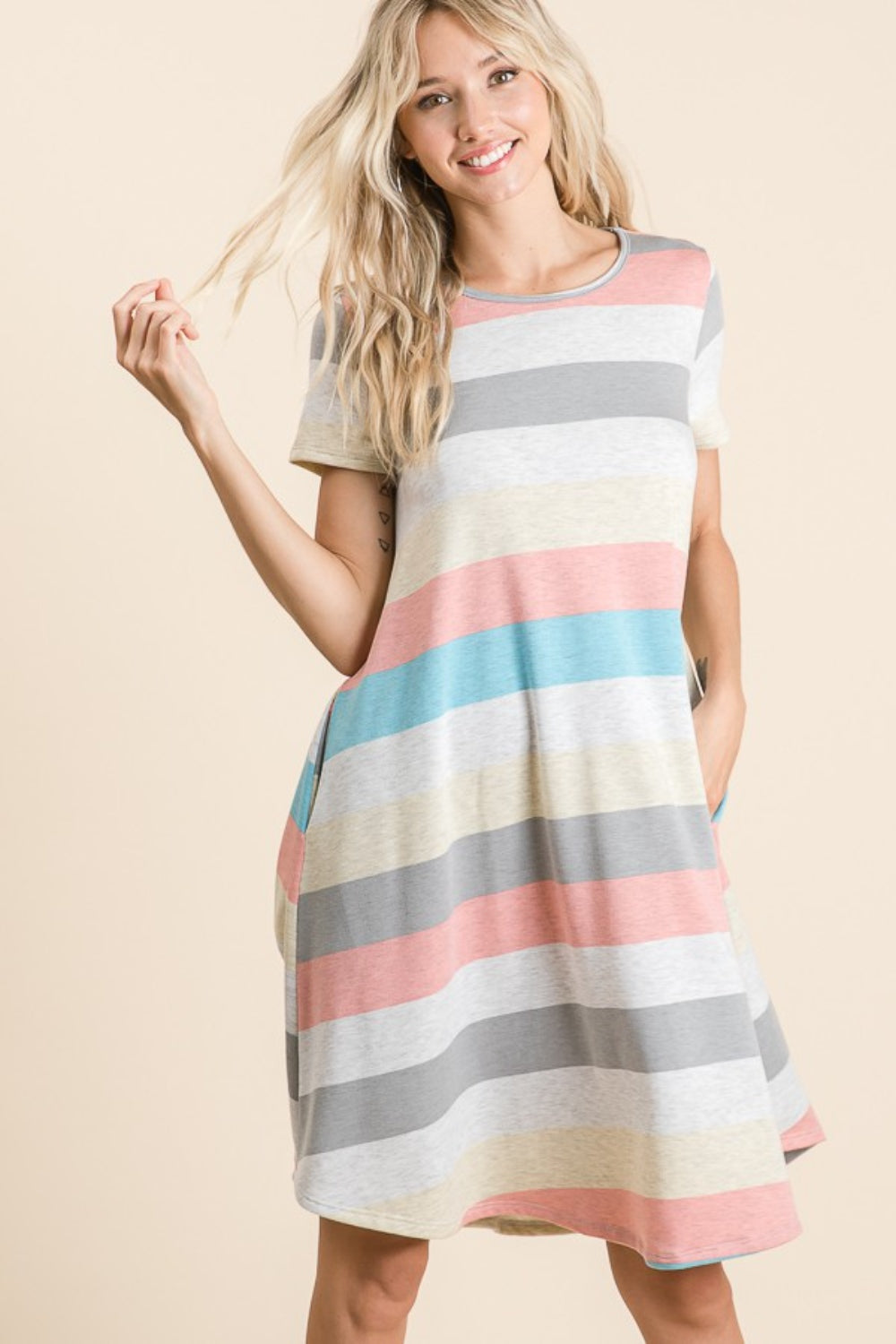 BOMBOM Striped Short Sleeve Dress with Pockets