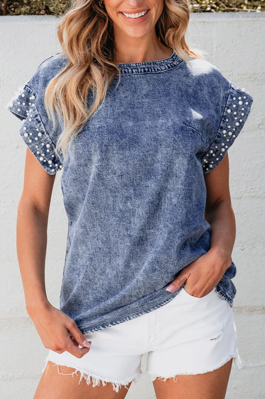 Pearl Trim Round Neck Cap Sleeve Denim Top