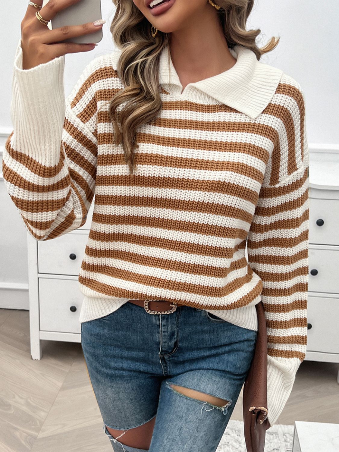 Striped Collared Neck Long Sleeve Sweater