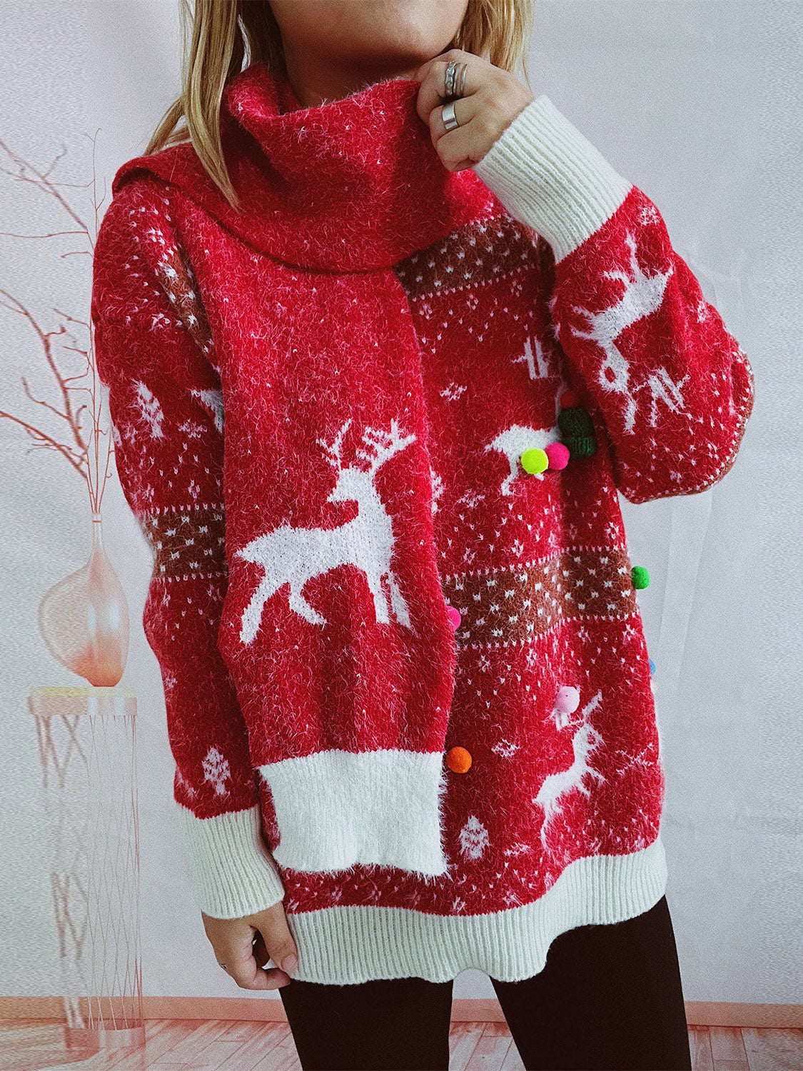 Christmas Element Round Neck Sweater and Scarf Set