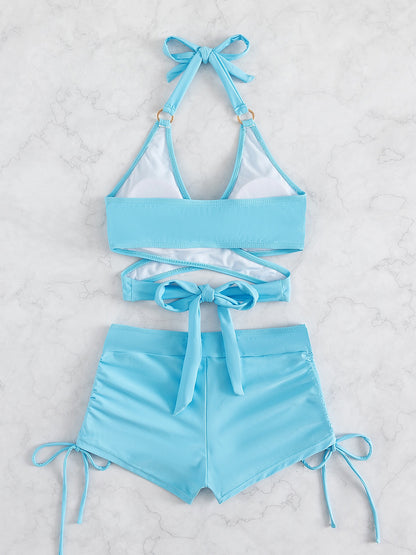 Crisscross Tied Top and Drawstring Shorts Swim Set