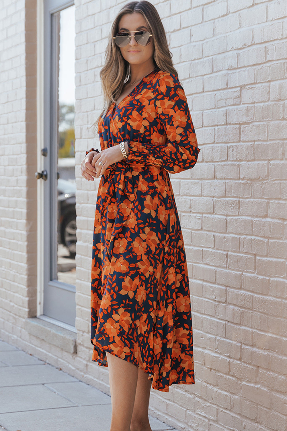 Printed Tie Front Smocked Long Sleeve Dress