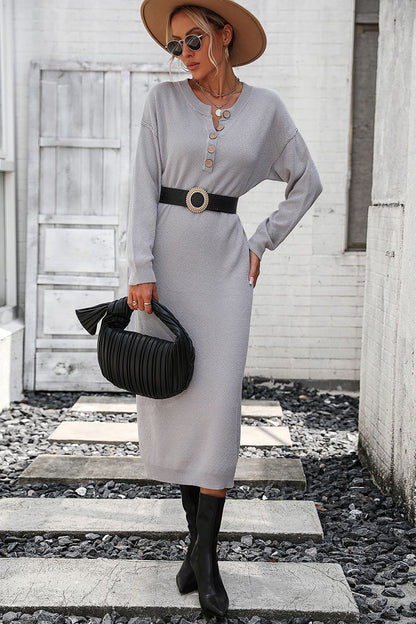 Decorative Button Notched Dropped Shoulder Sweater Dress