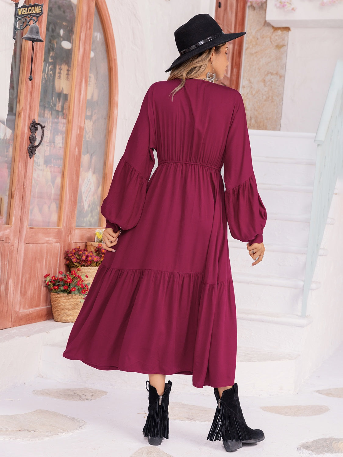 V-Neck Lantern Sleeve Ruffle Hem Dress