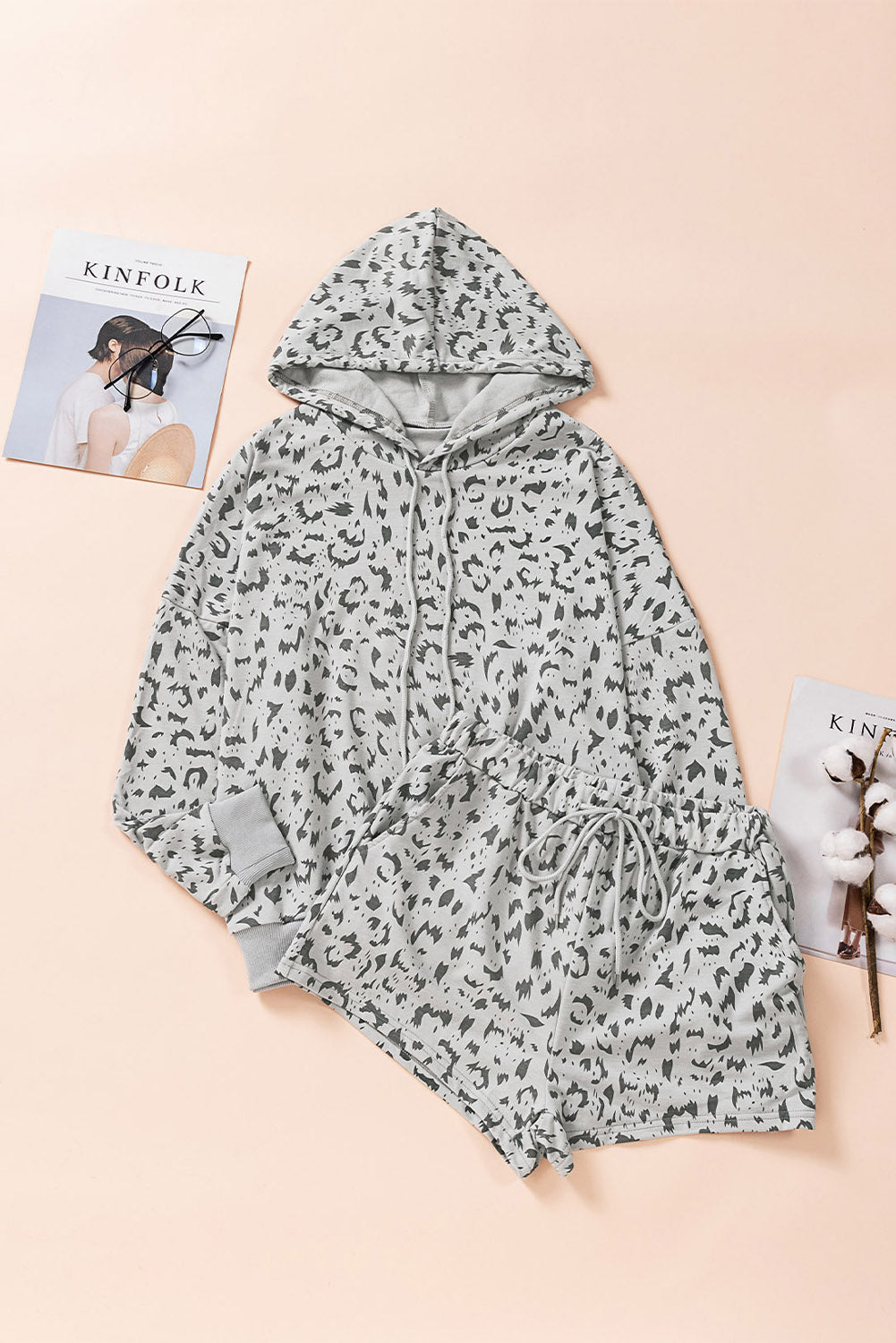 Animal Print Drawstring Detail Hoodie and Shorts Lounge Set