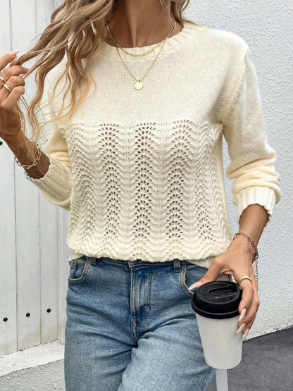 Openwork Round Neck Long Sleeve Sweater