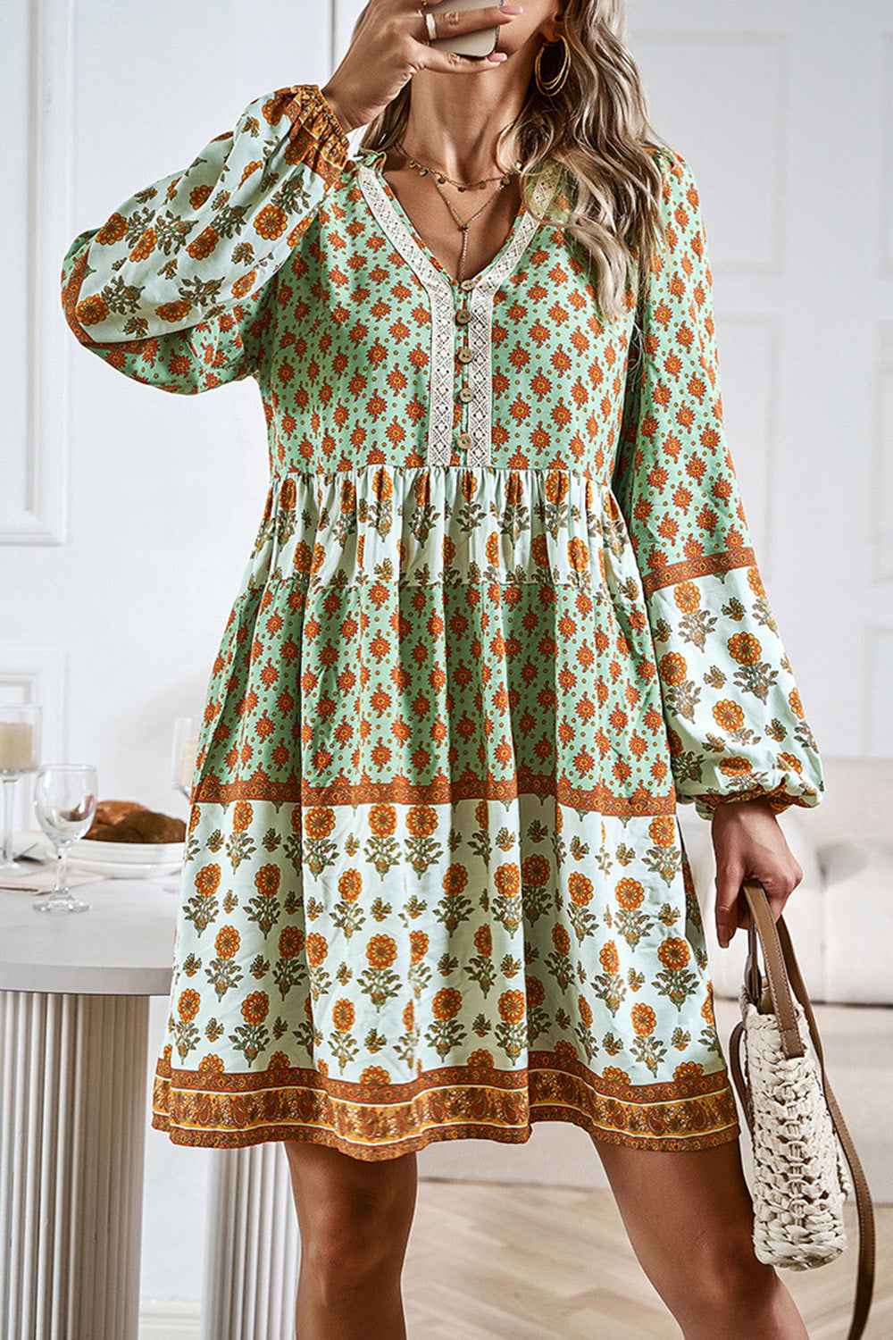 Printed V-Neck Long Sleeve Dress