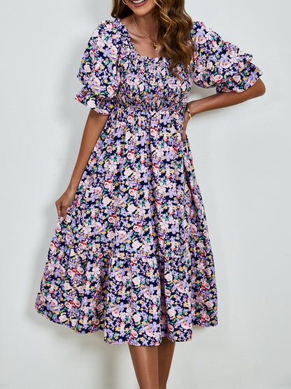 Smocked Floral Square Neck Short Sleeve Dress