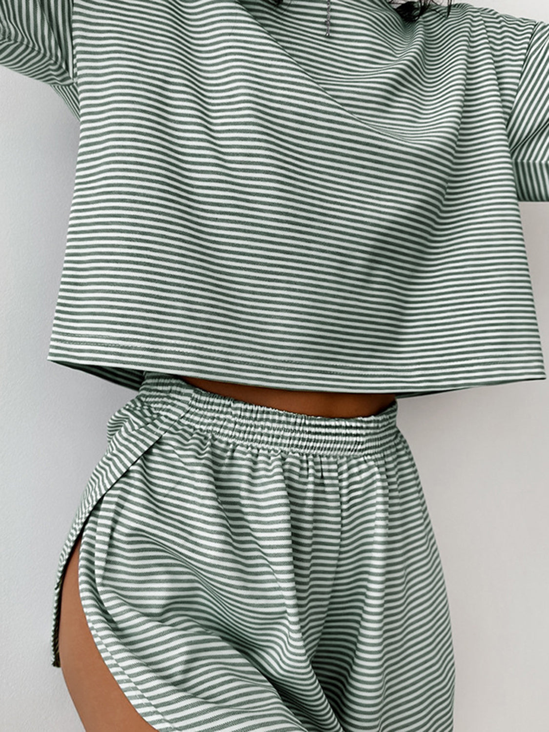 Striped Round Neck Top and Shorts Set