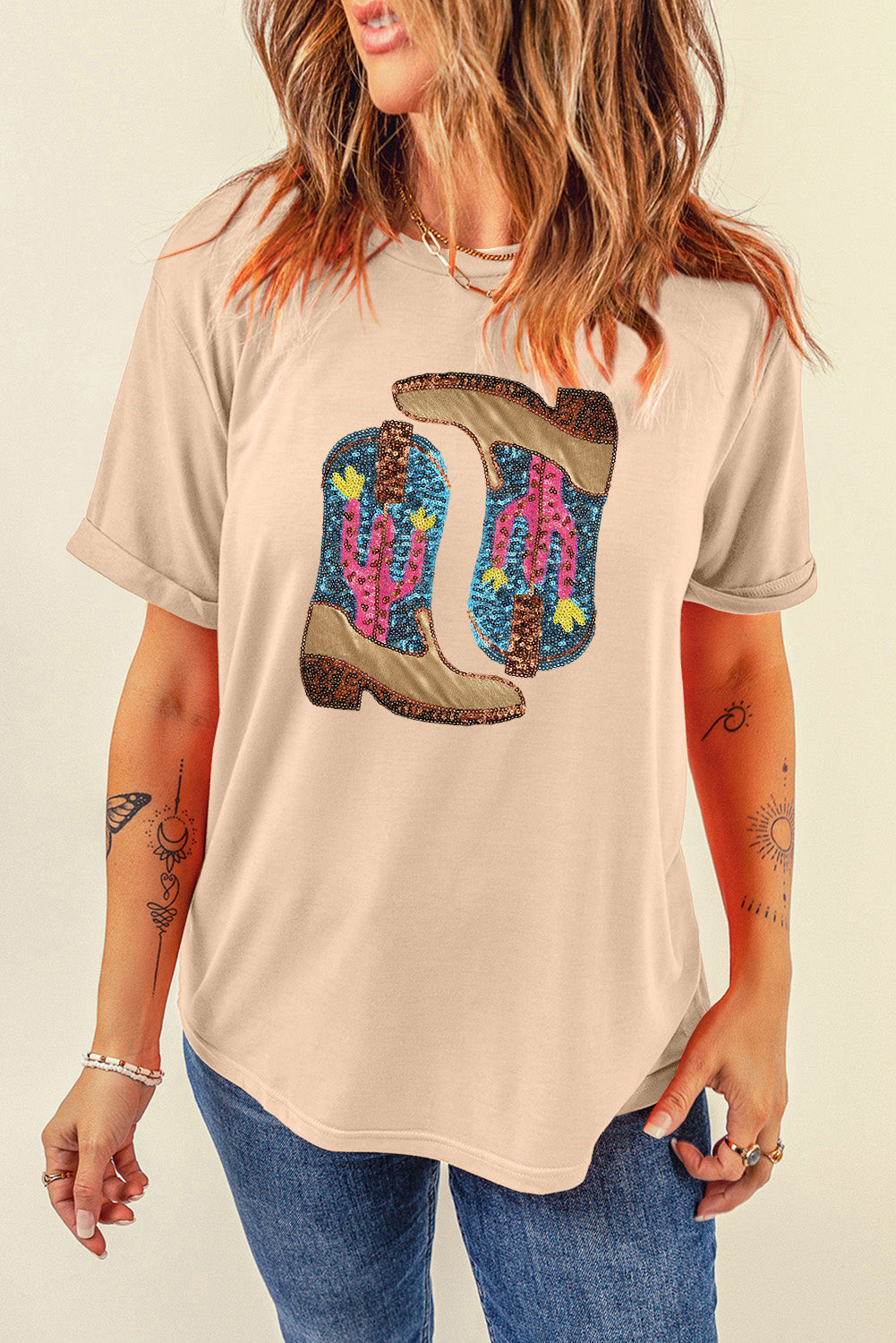 Sequin Round Neck Short Sleeve T-Shirt