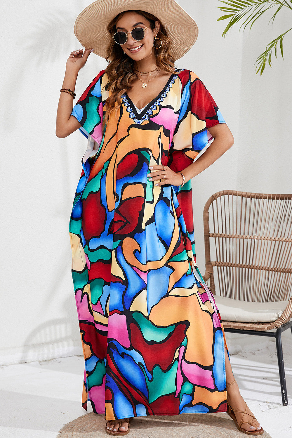 Slit Printed V-Neck Short Sleeve Cover Up