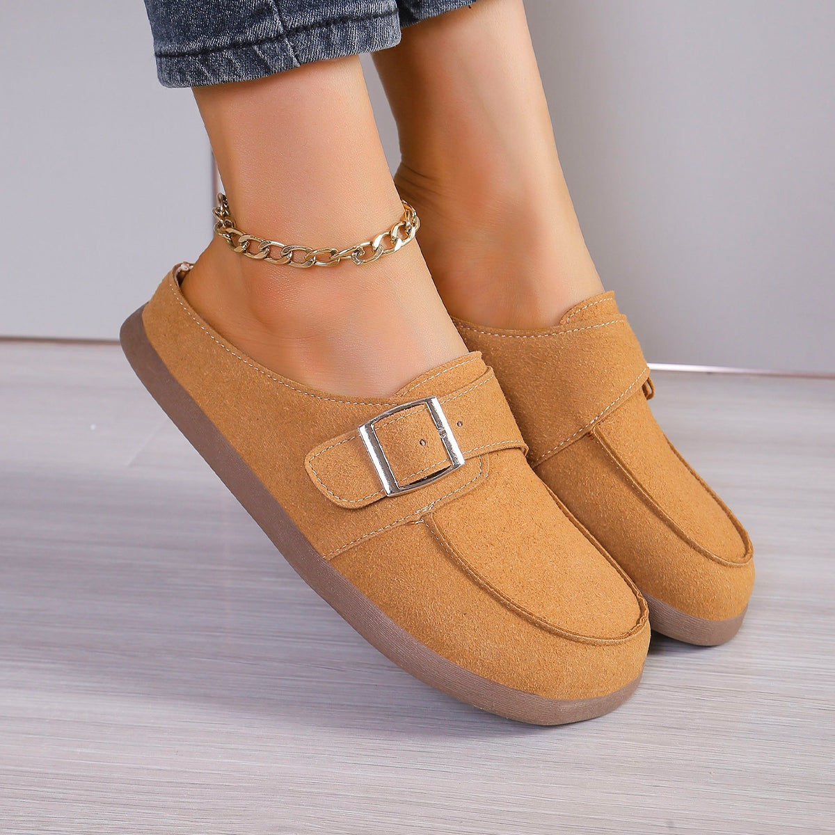 Suede Buckle Round Toe Loafers