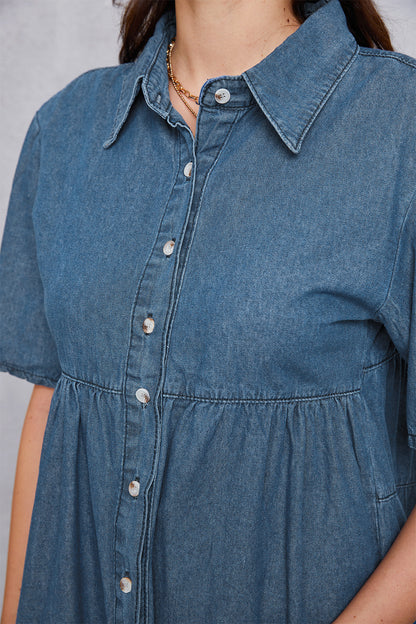 Button Up Collared Neck Tiered Denim Dress