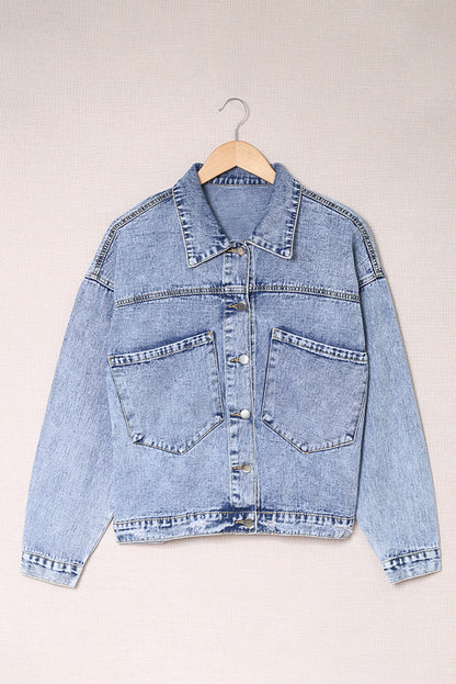 Pocketed Button Up Collared Neck Denim Jacket