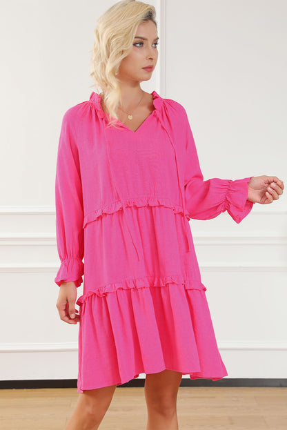 Tie Neck Flounce Sleeve Tiered Dress