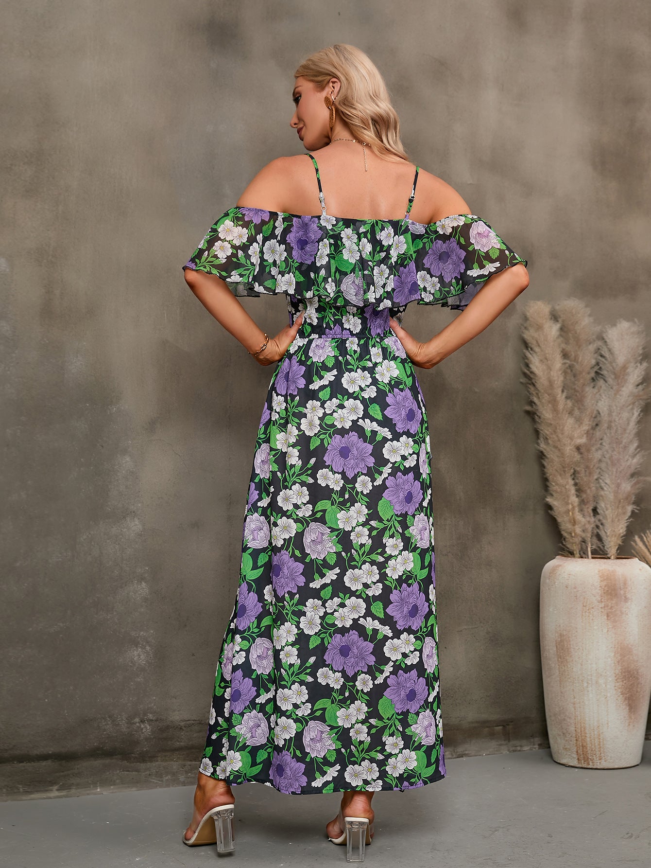 Floral Spaghetti Strap Cold-Shoulder Slit Maxi Dress