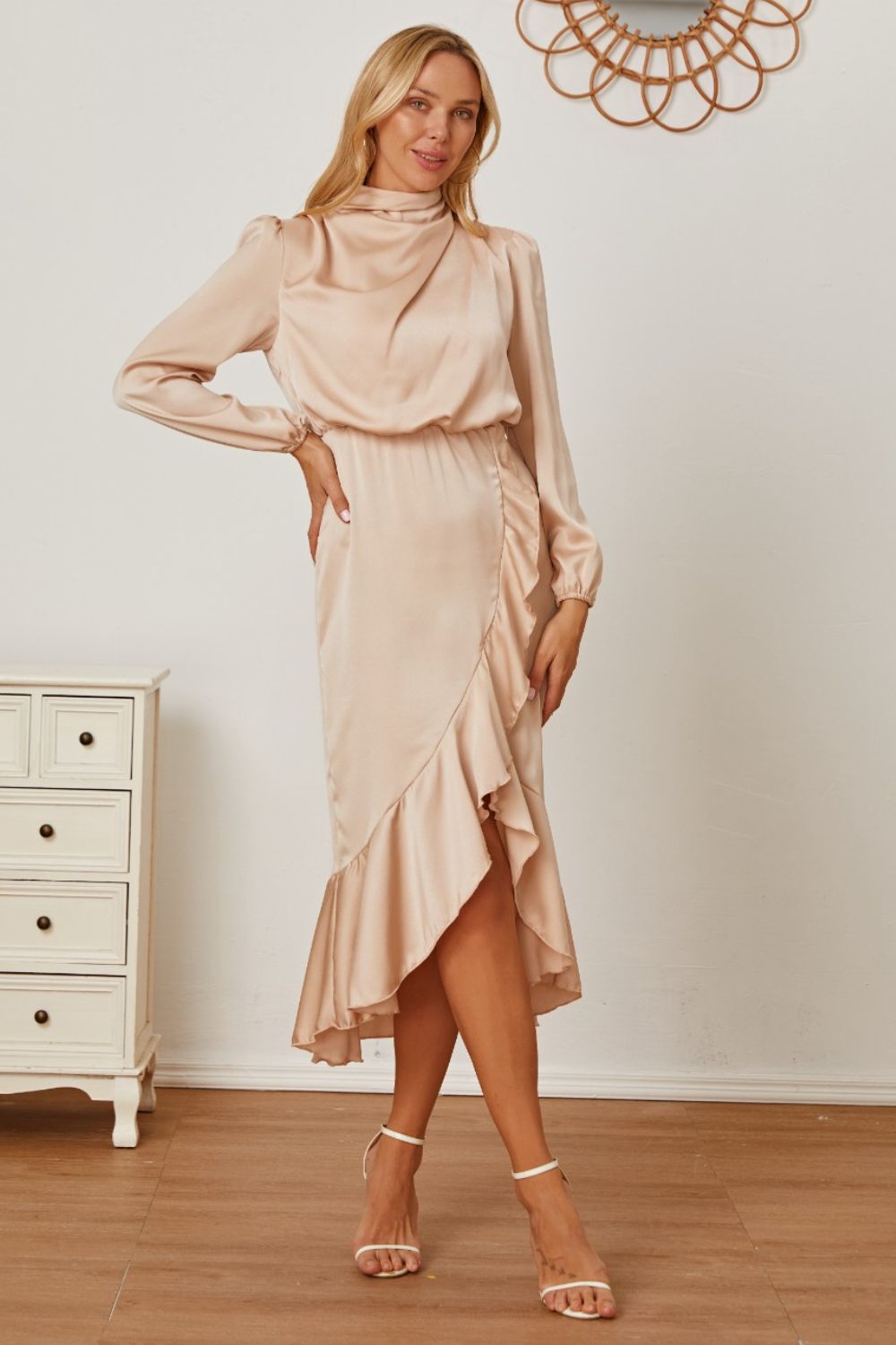 Mock Neck Ruffled Asymmetrical Dress