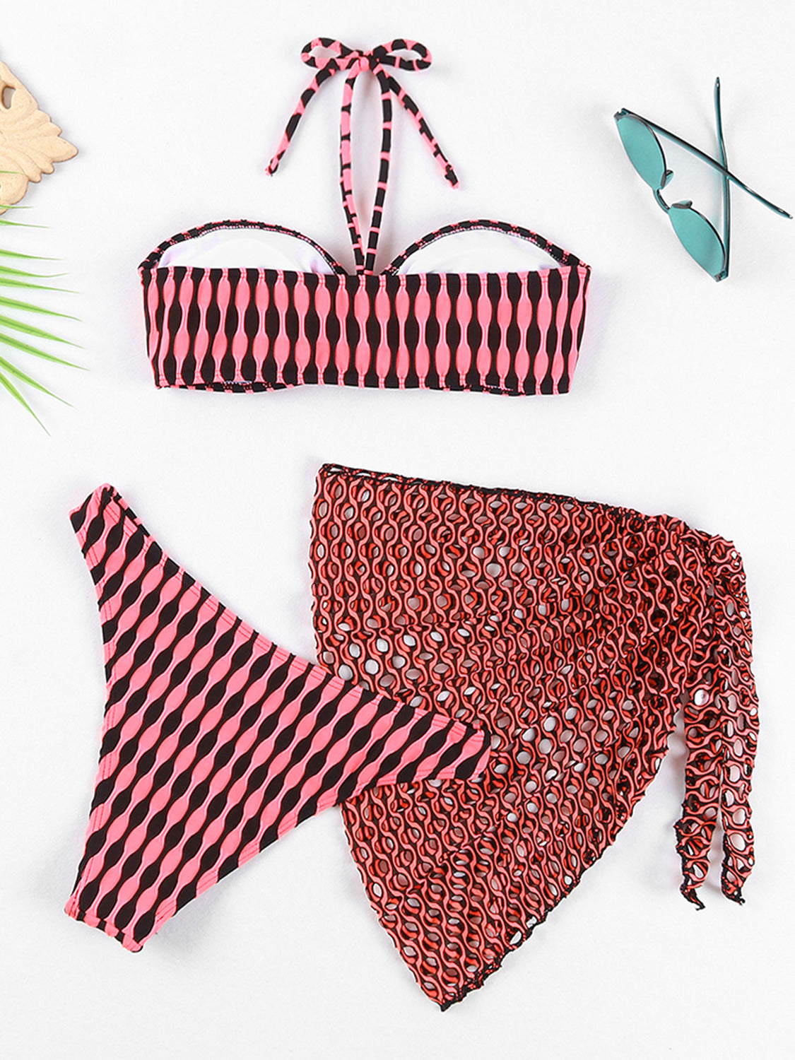 Geometric Halter Neck Three-Piece Swim Set