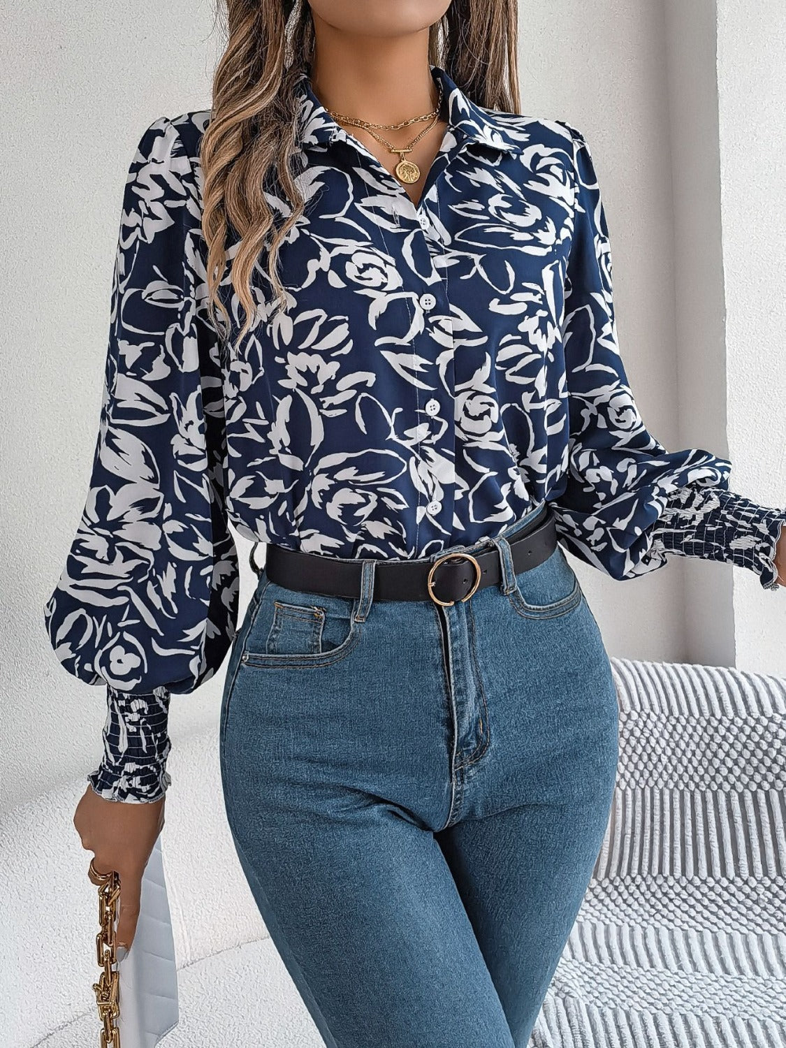 Printed Collared Neck Lantern Sleeve Shirt