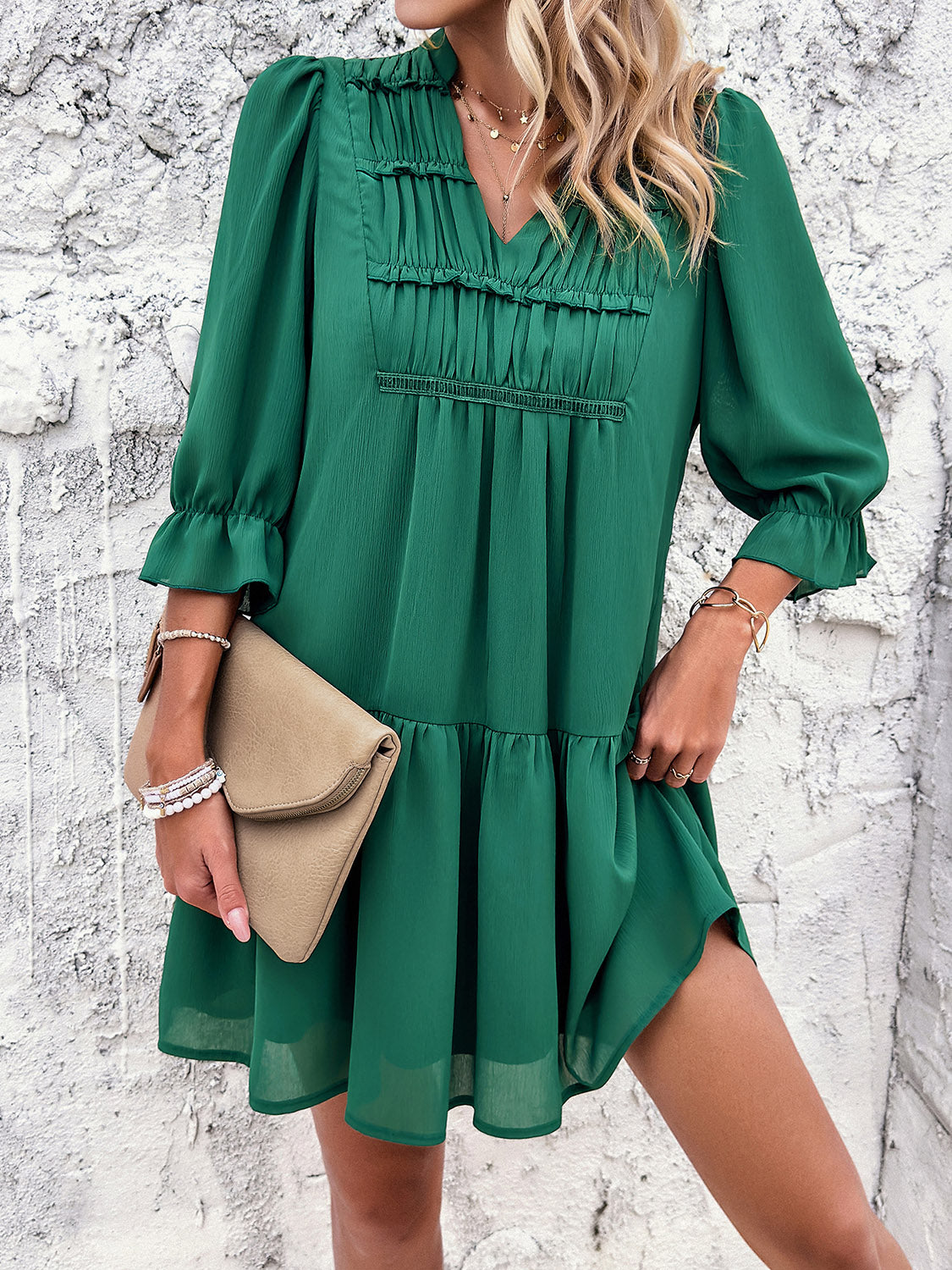 Ruched Notched Flounce Sleeve Dress