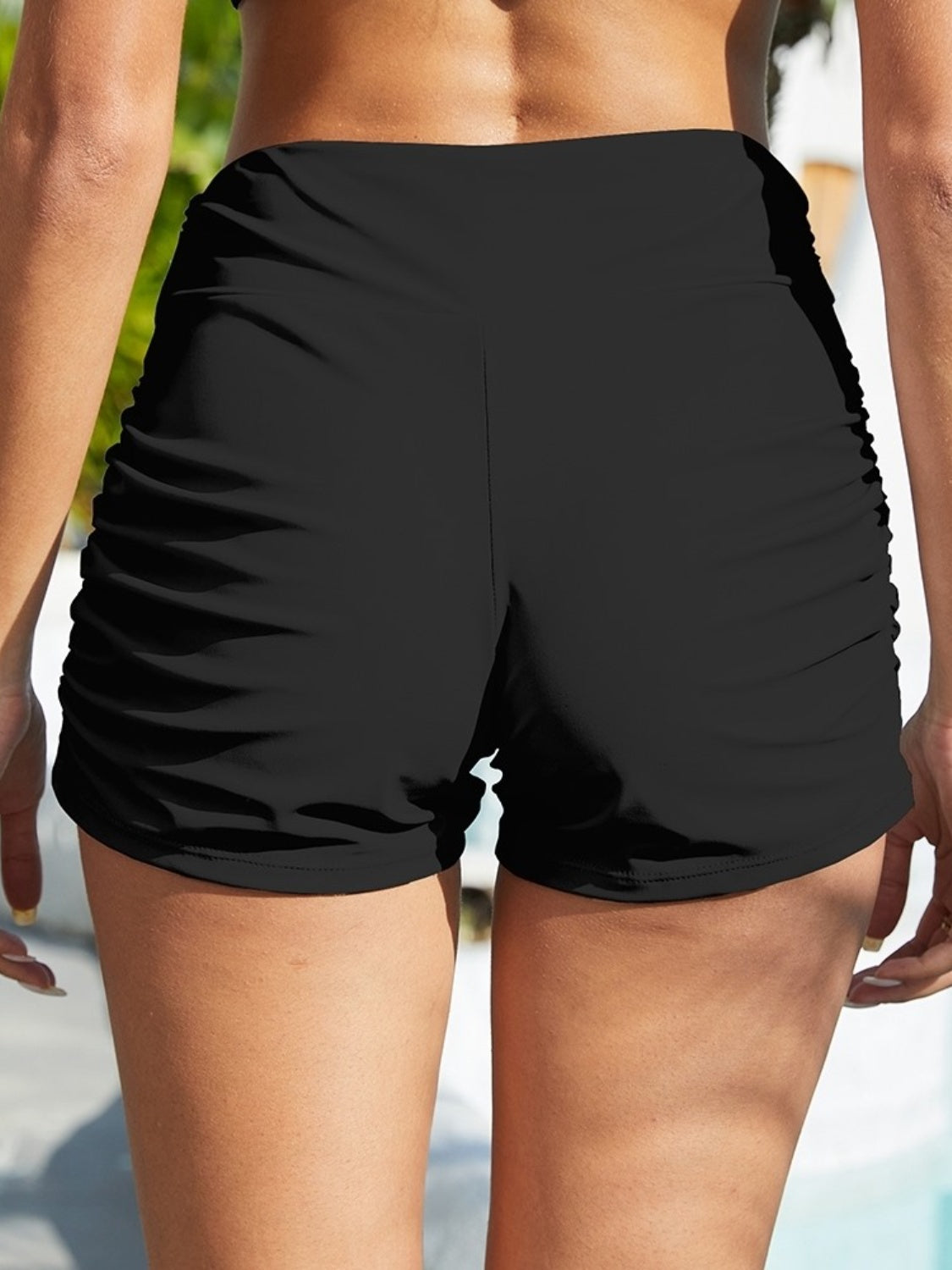 Ruched Mid-Rise Waist Swim Shorts