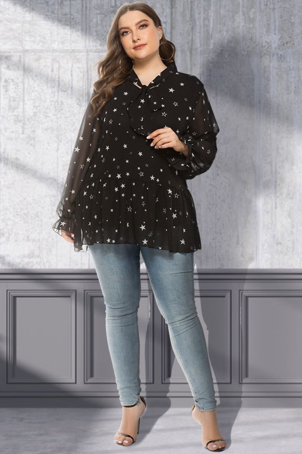 Plus Size Star Print Tie-Neck Peplum Blouse