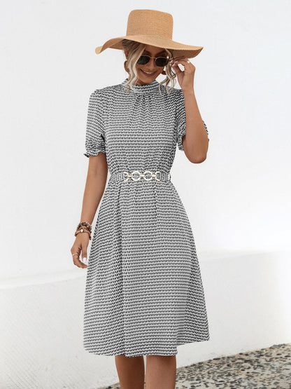 Printed Mock Neck Flounce Sleeve Dress