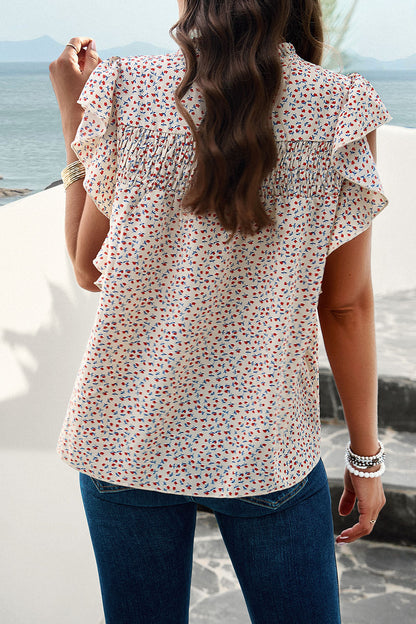 Smocked Printed Mock Neck Cap Sleeve Blouse