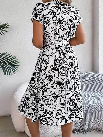 Printed V-Neck Short Sleeve Dress