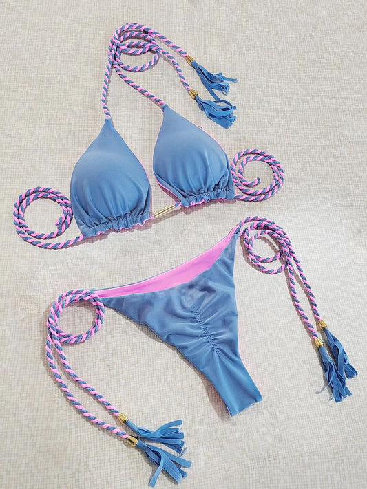 Contrast Halter Neck Two-Piece Bikini Set