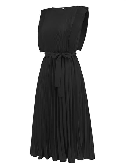 Tied Round Neck Pleated Midi Dress