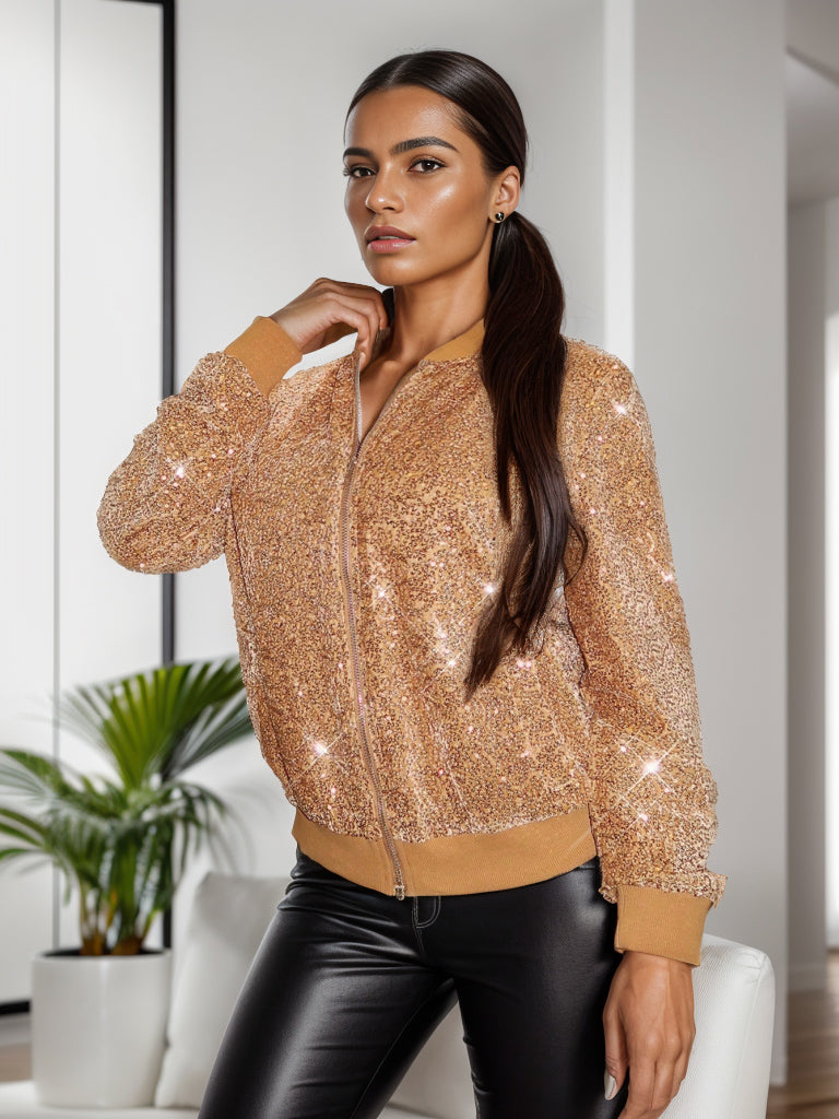 Sequin Zip Up Long Sleeve Jacket