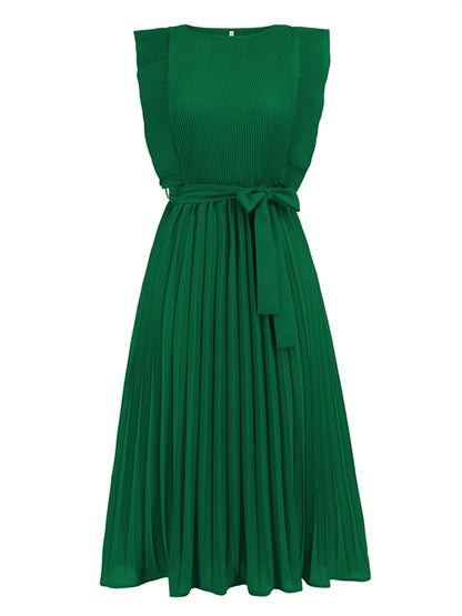 Tied Round Neck Pleated Midi Dress