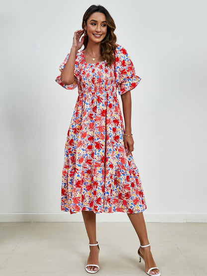 Smocked Floral Square Neck Short Sleeve Dress