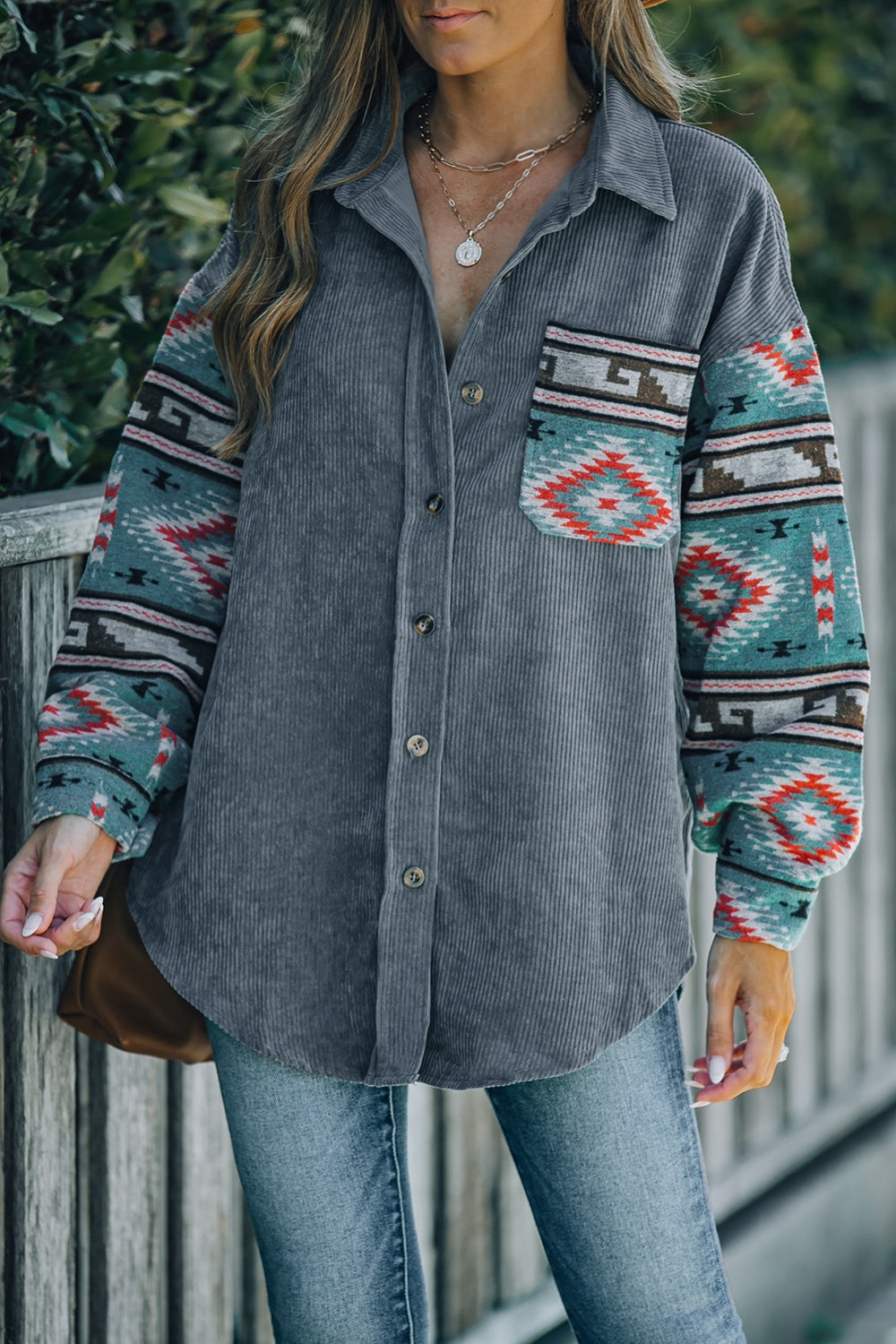 Geometric Button Up Dropped Shoulder Jacket