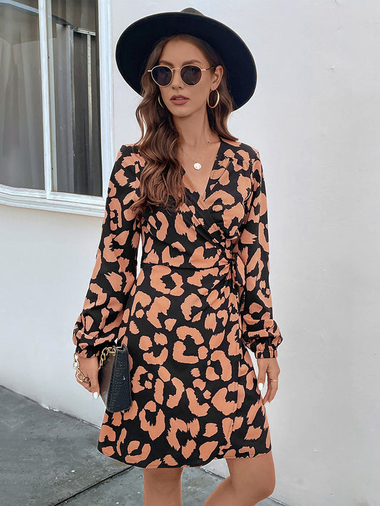 Printed Surplice Long Sleeve Dress