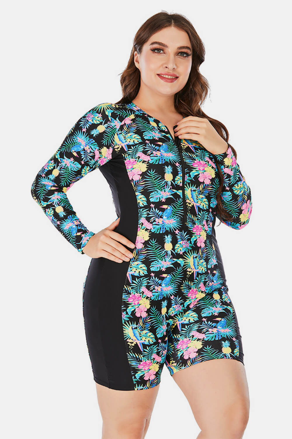 Plus Size Floral Zip Up  Long Sleeve Short Wetsuit