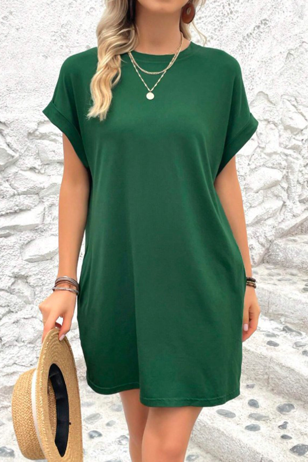 Pocketed Round Neck Short Sleeve Dress