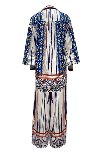 Printed Lantern Sleeve Top and Wide Leg Pants Set