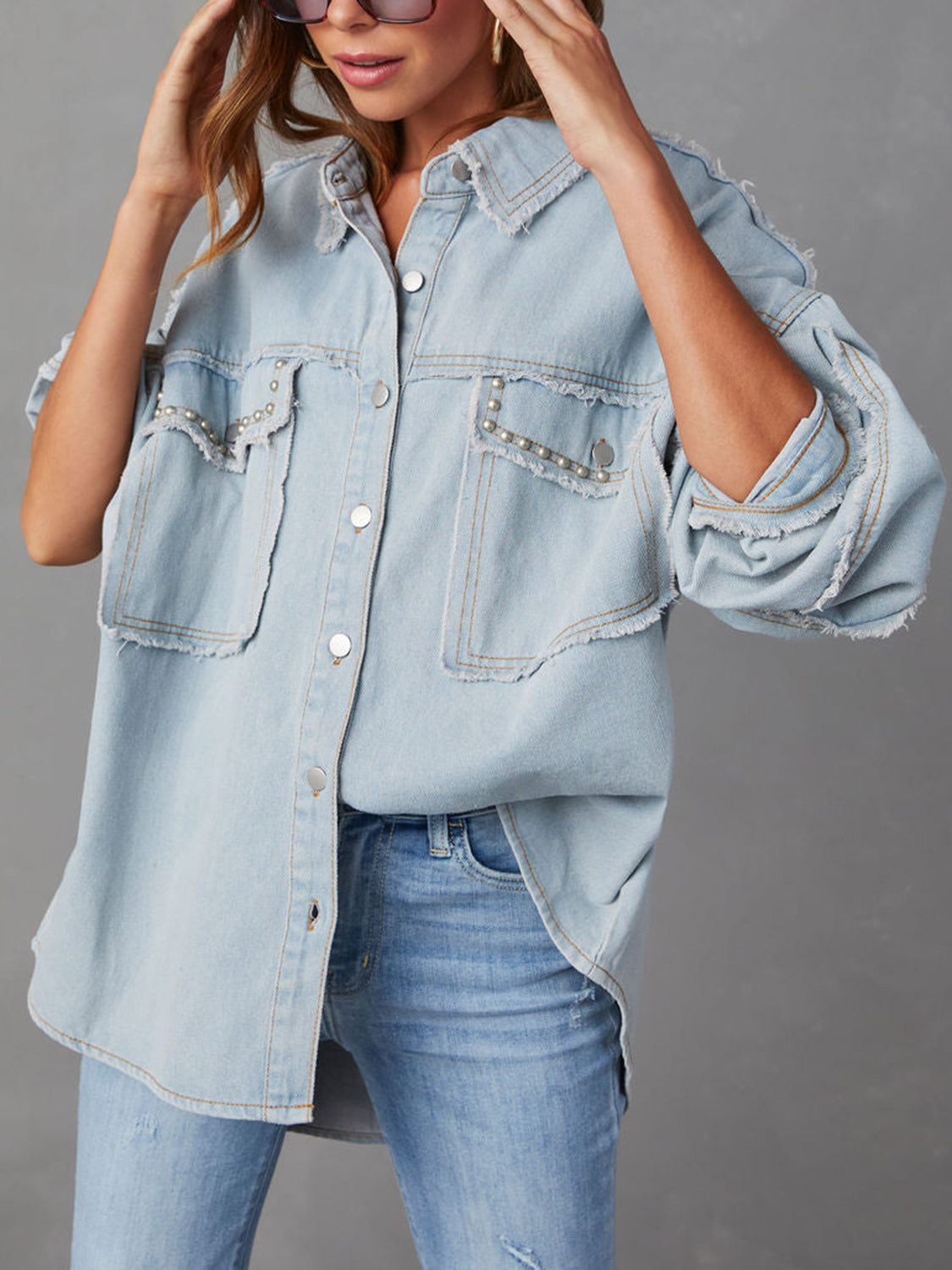 Button Down Raw Hem Denim Jacket