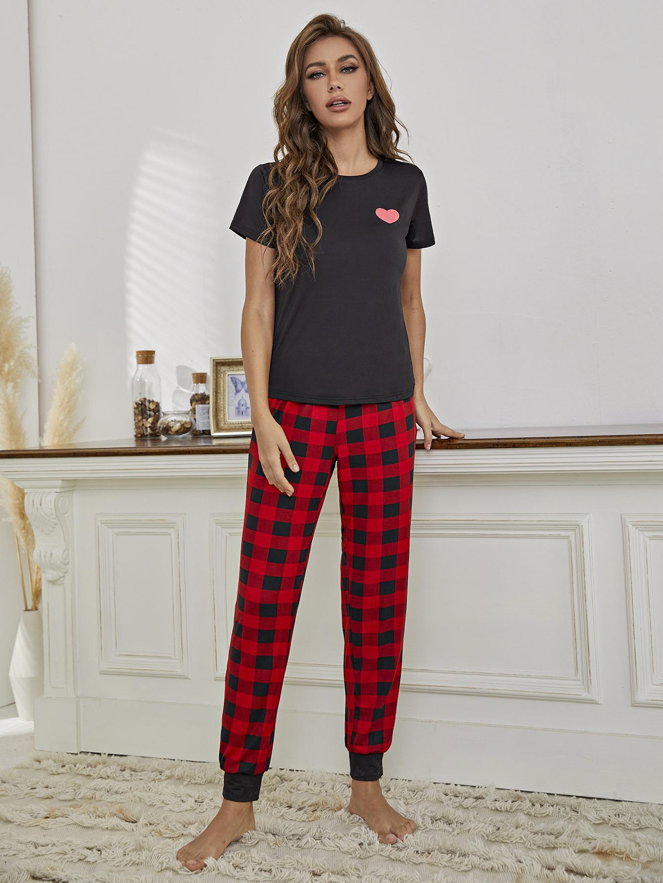 Heart Graphic Tee and Plaid Joggers Lounge Set