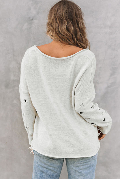 Woven Right Star V-Neck Roll Hem Drop Shoulder Sweater